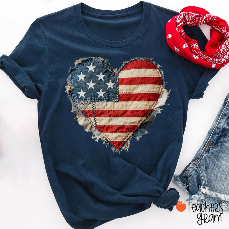 Faux Patchwork American Flag Heart Teacher T-Shirt