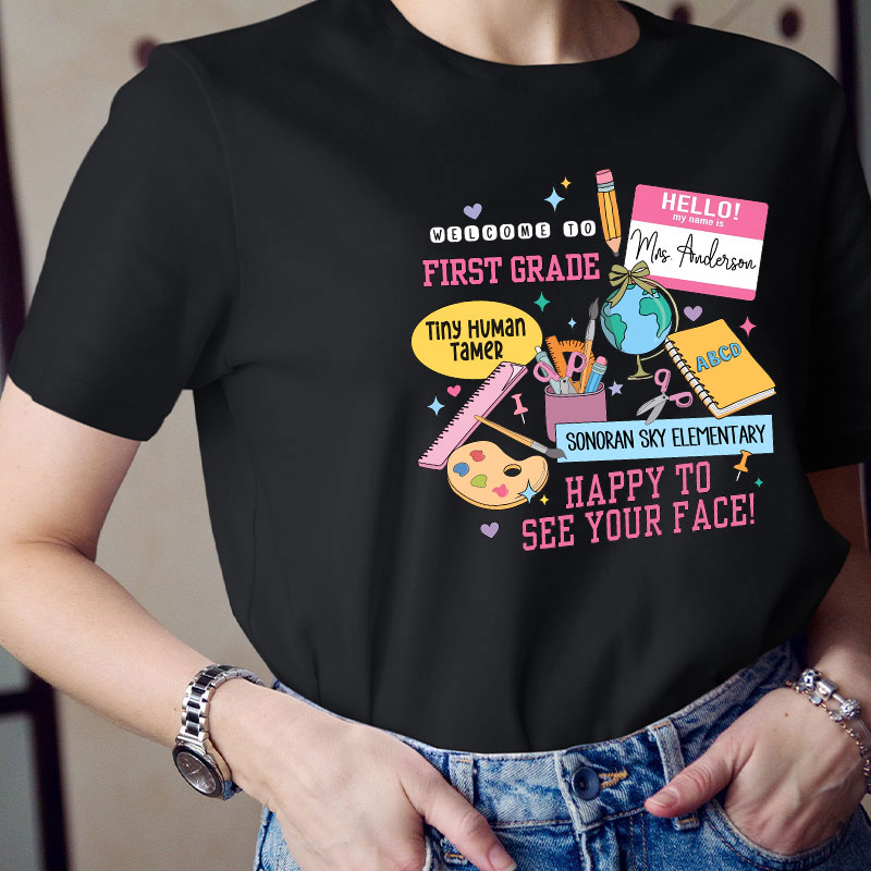 Personalized Teacher's Name School Name And Grade School Supplies Icon Teacher T-Shirt