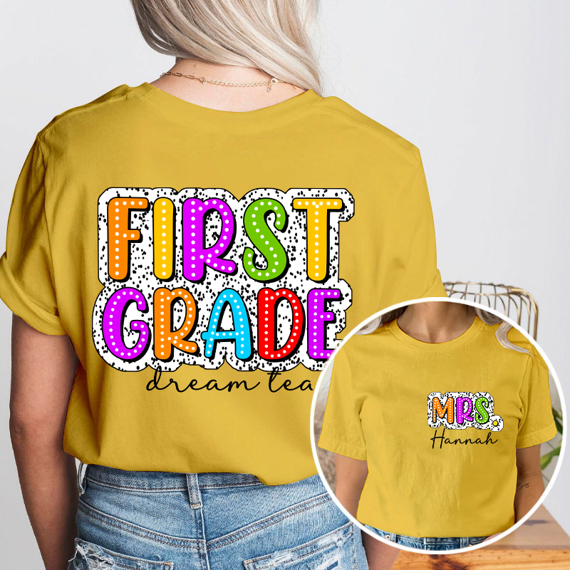 Personalized Retro Dot Neon Lights Grade And Name Teacher Two Sided T-Shirt