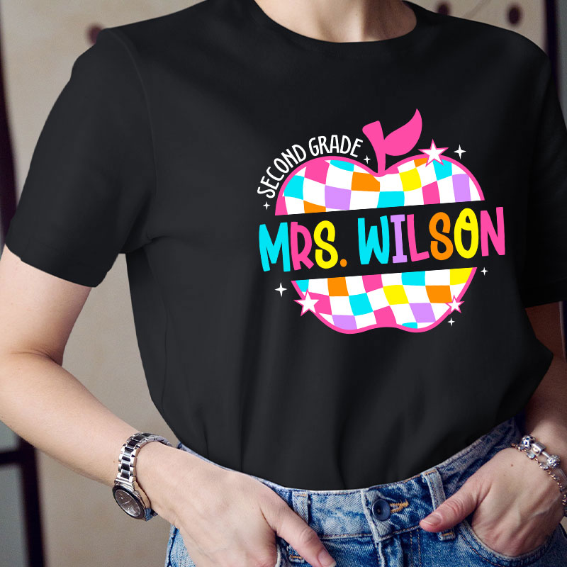Personalized Colorful Checkerboard Hollow Apple Teacher T-Shirt