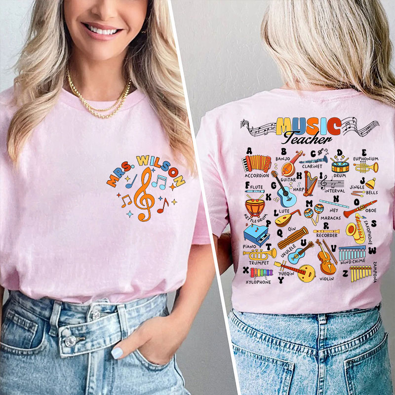 Personalized Music Teacher's Name Musical Instrument Icons Teacher Two Sided T-Shirt