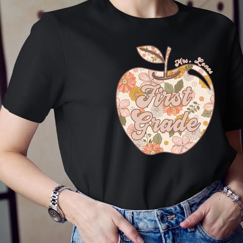 Personalized Vintage Floral Print Apple Teacher T-Shirt
