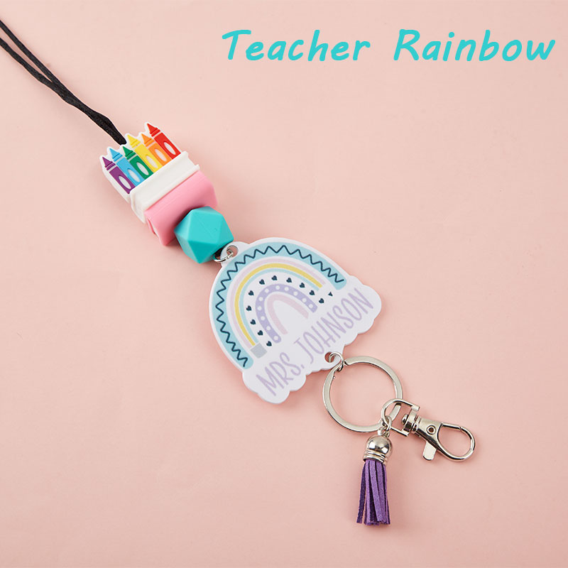 Personalized Name Colorful Books Rainbow Pencil Teacher Lanyard