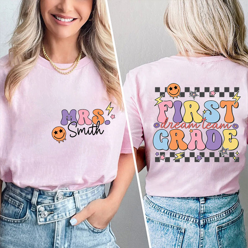 Personalized Teacher's Name And Grade Smiley Face Print Teacher Two Sided T-Shirt