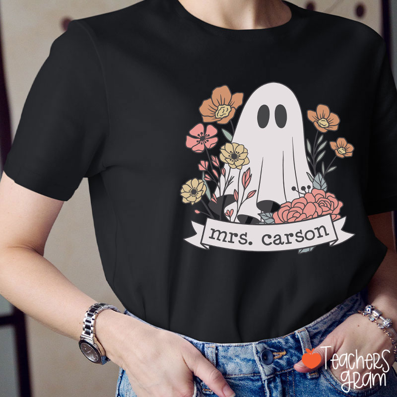 Personalized Name Floral Ghost Teacher T-Shirt