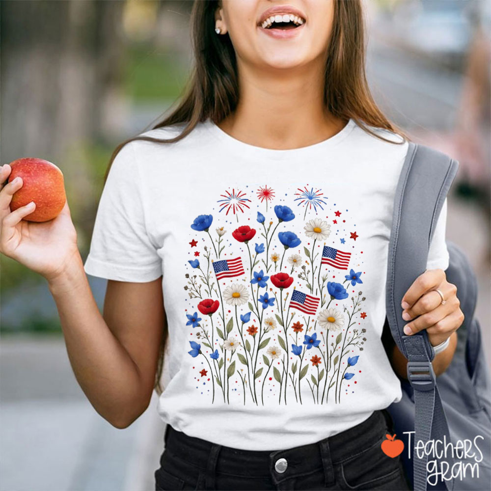 4th Of July Wildflowers And Fireworks Teacher T-Shirt