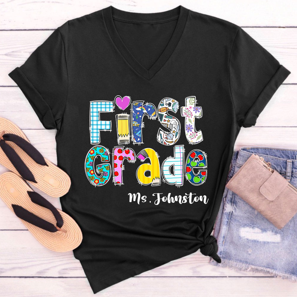 Personalized I'm A Teacher Female V-Neck T-Shirt