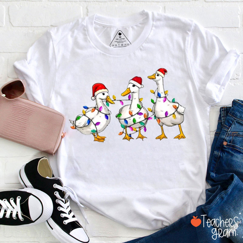 Christmas Ducks With Colorful Lights Teacher T-Shirt