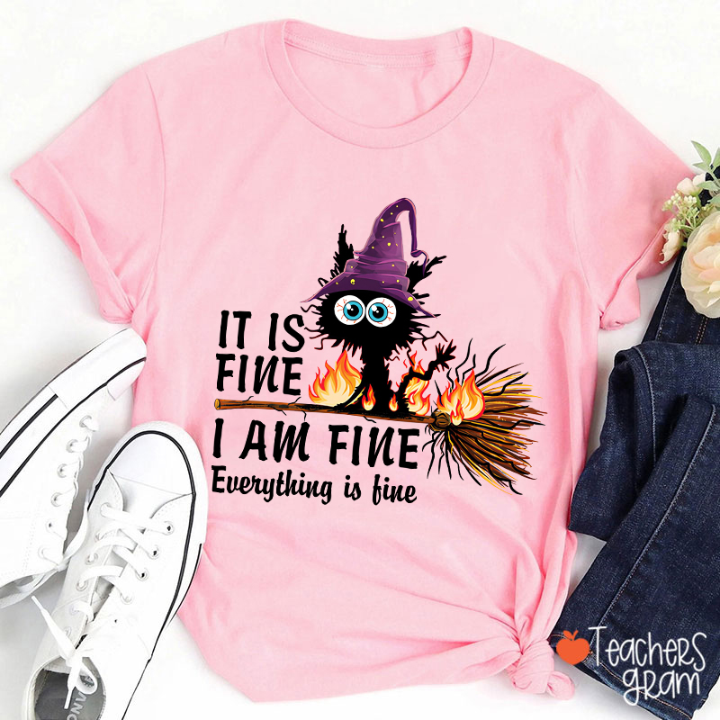 It Is Fine I Am Fine Everything Is Fine Halloween Broom Cat Teacher T-Shirt