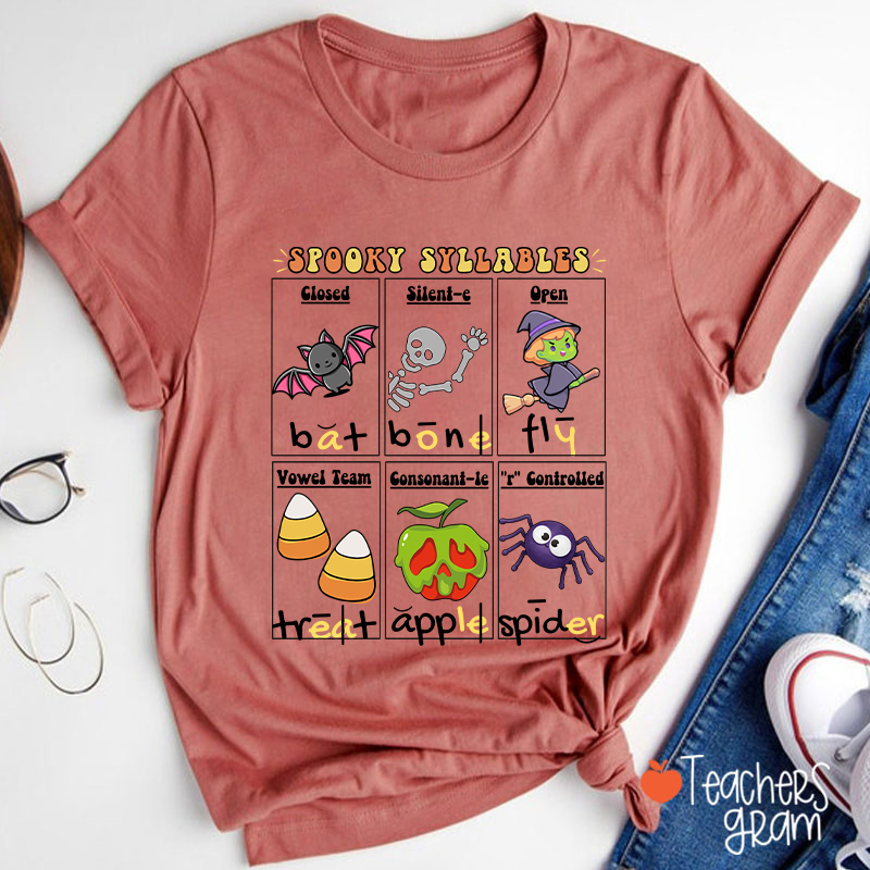 Halloween Reading Spooky Syllables Teacher T-Shirt