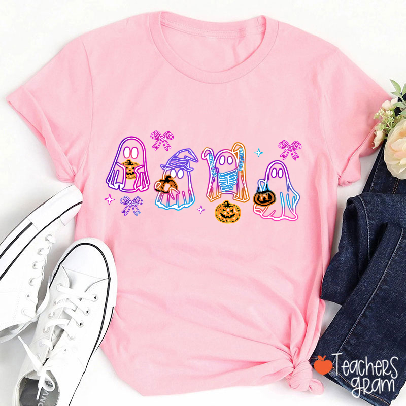 Colorful Neon Ghost Pumpkin Teacher T-Shirt
