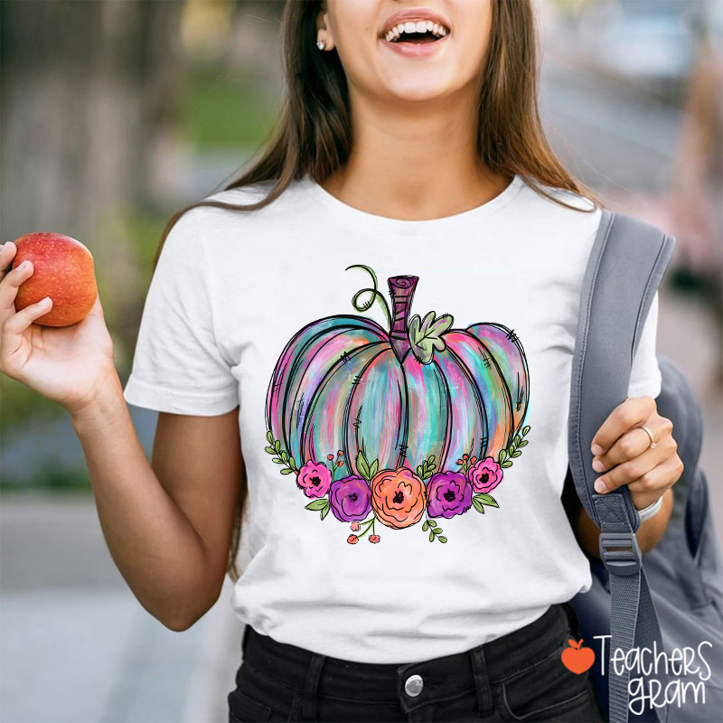 Colorful Pumpkin Watercolor Pumpkin Teacher T-Shirt