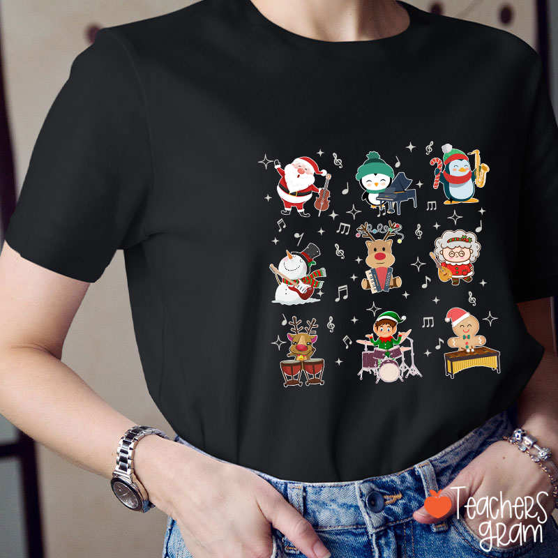 Cute Christmas Cartoons Playing Musical Instruments TeacherT-Shirt