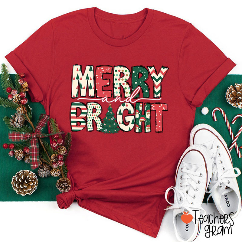 Merry and Bright Christmas Vibe Teacher T-Shirt