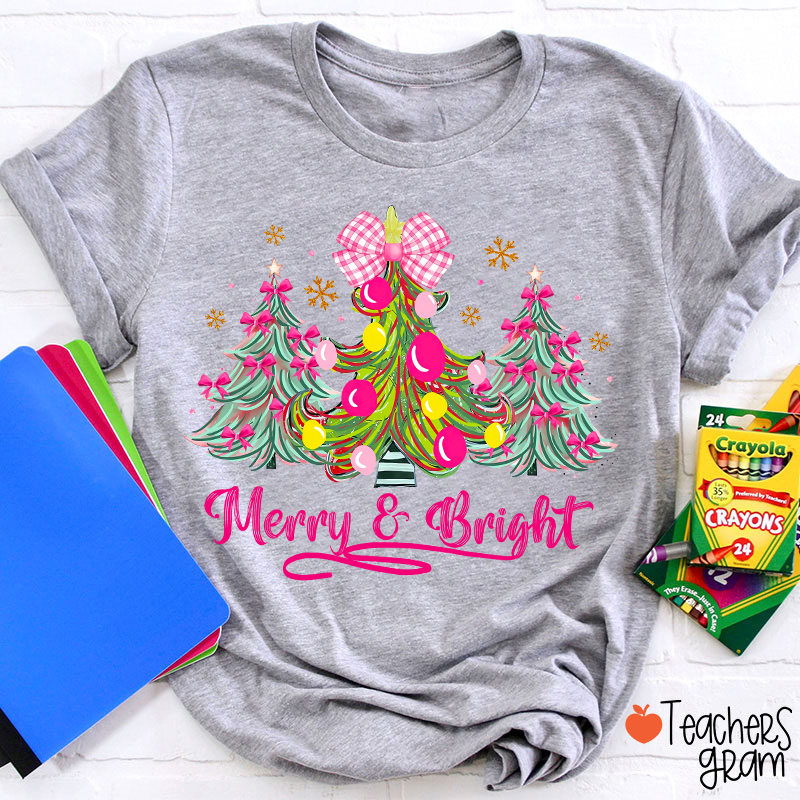 Fantasy Bow Christmas Tree Merry And Bright Christmas Teacher T-Shirt