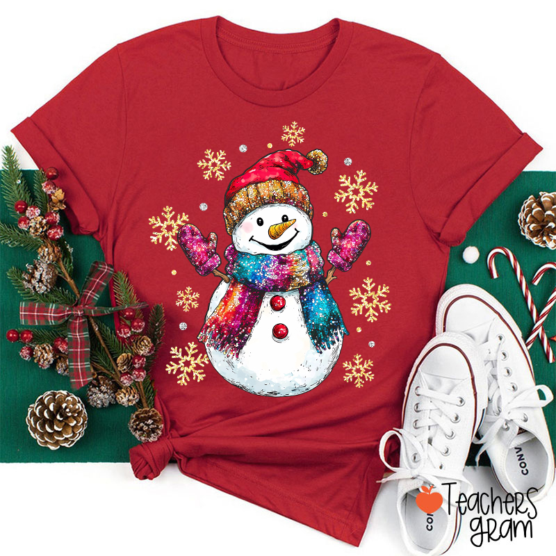 Colorful Scarves Snowman Teacher T-Shirt