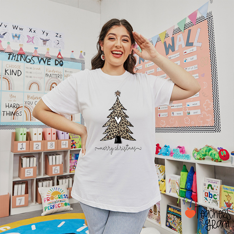 Leopard Christmas Tree Teacher T-Shirt