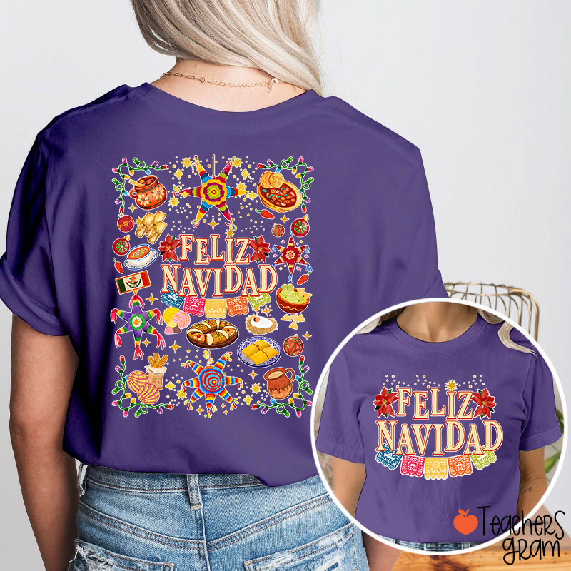 Feliz Navidad Spanish Traditional Food Spanish Teacher Two Sided T-Shirt