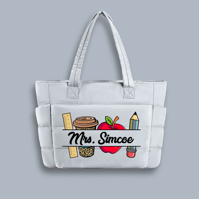 Personalized Pink Rainbow It Takes A Big Heart To Shape Little Minds Teacher Puffy Tote Bag