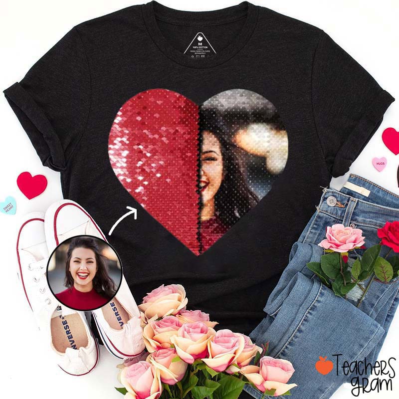 Personalized Flip Sequin Heart Teacher T-Shirt