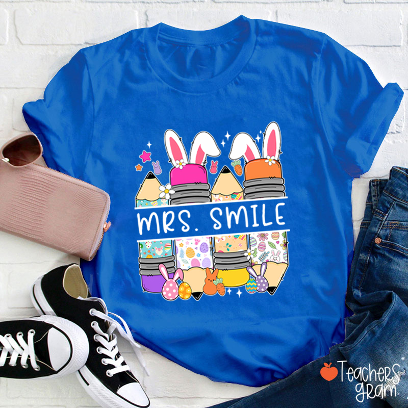 Personalized Name Bunny Pencil Teacher T-Shirt
