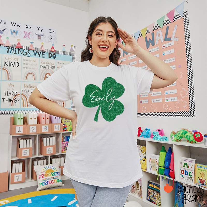 Personalized Clover Glitter Teacher T-Shirt