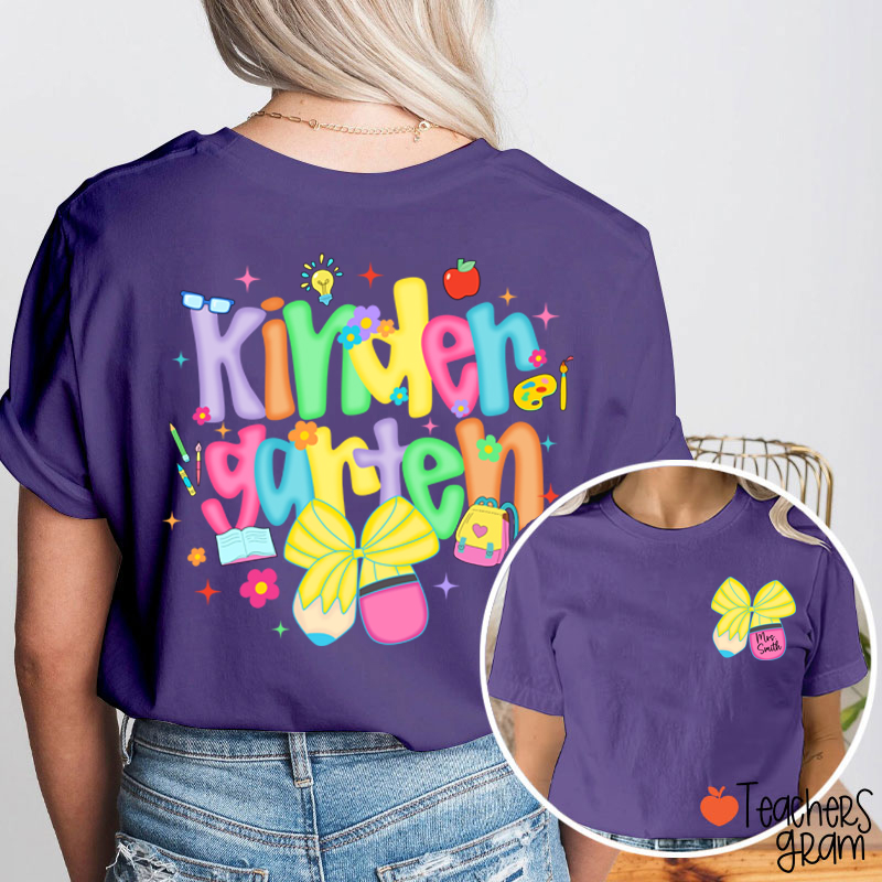 Personalized Name And Grade Pencil Bow Candy Color Fonts Teacher Two Sided T-Shirt