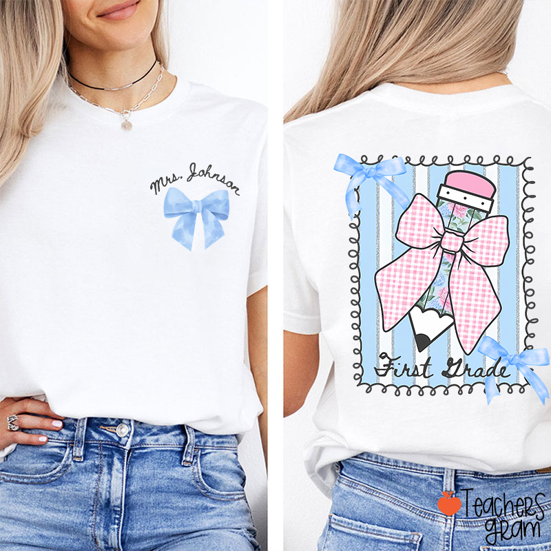 Personalized Grade And Name Flower Pencil Checkered Bow Teacher Two Sided T-Shirt