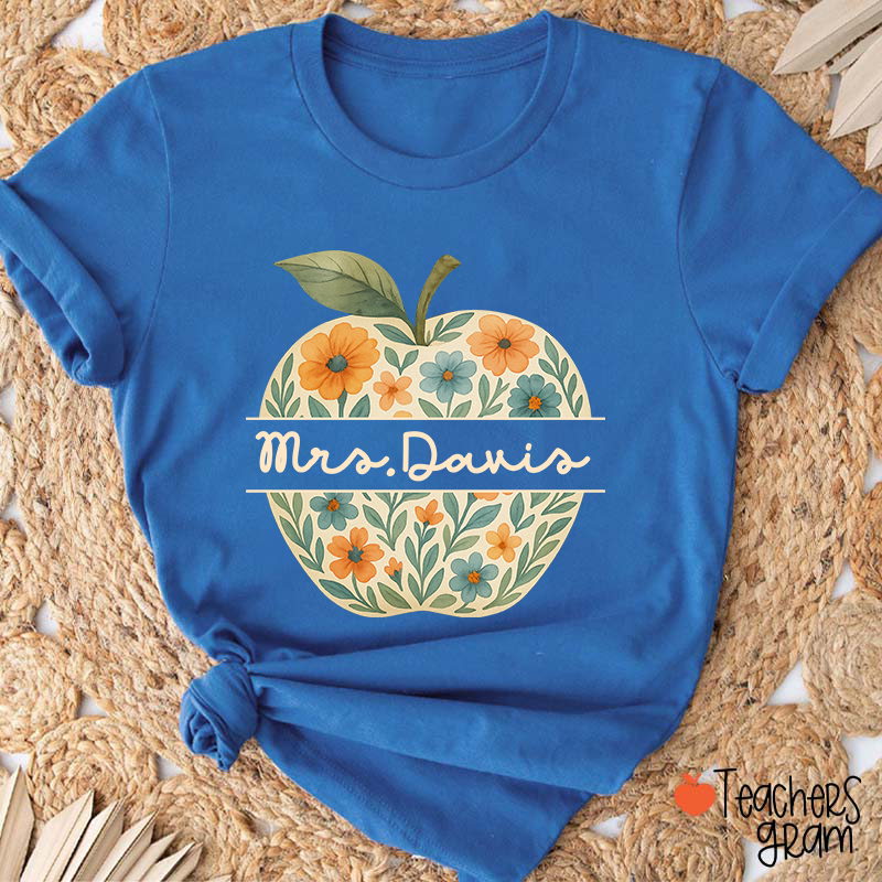 Personalized Name Vintage Floral Apple Teacher T-Shirt