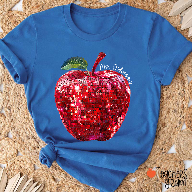 Personalized Red Glitter Apple And Name Teacher T-Shirt