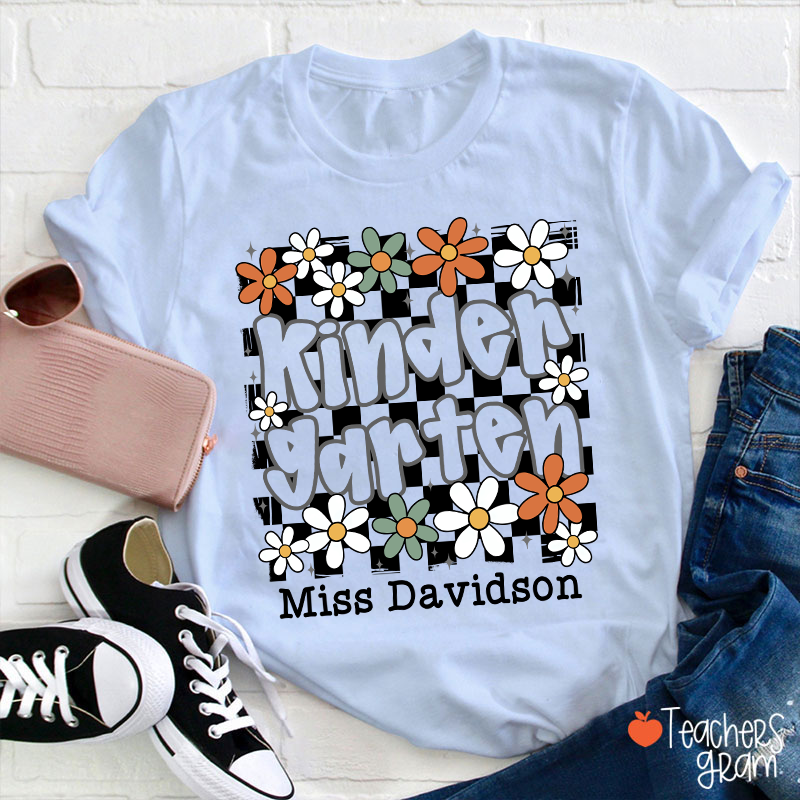 Personalized Text And Name Checkered Flowers Teacher T-Shirt