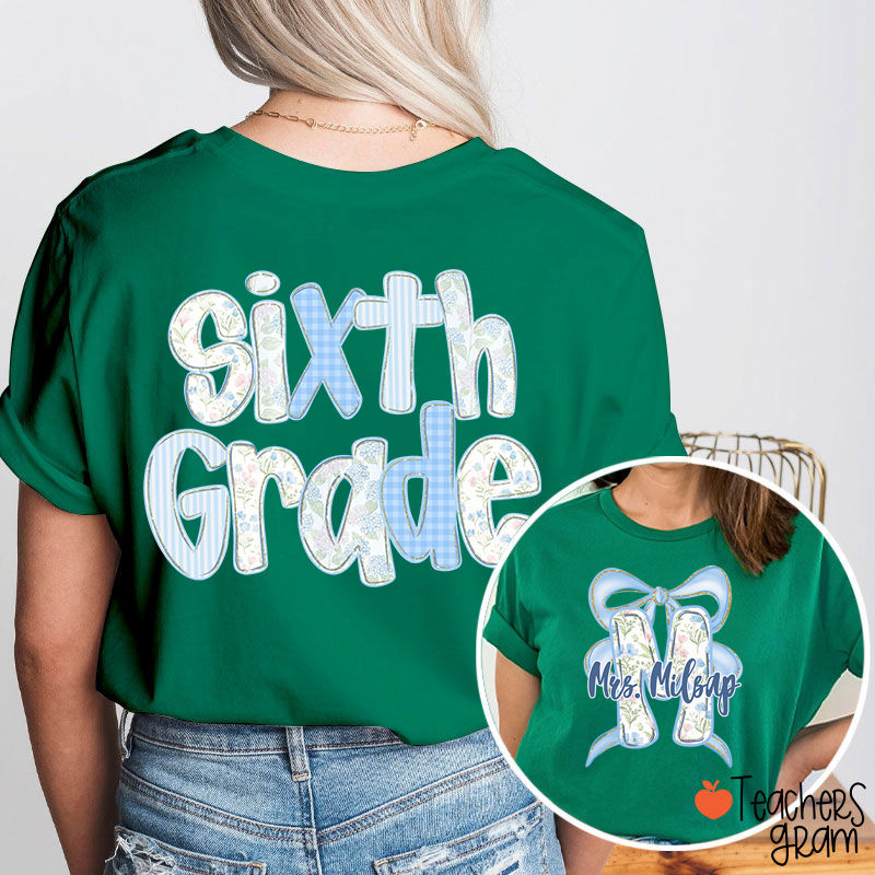 Personalized Grade And Name Initials Blue Bow Teacher Two Sided T-Shirt