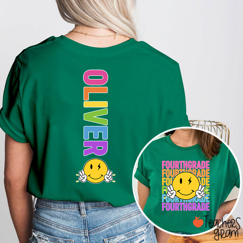 Personalized Grade And Name Smiley Face Teacher Two Sided T-Shirt
