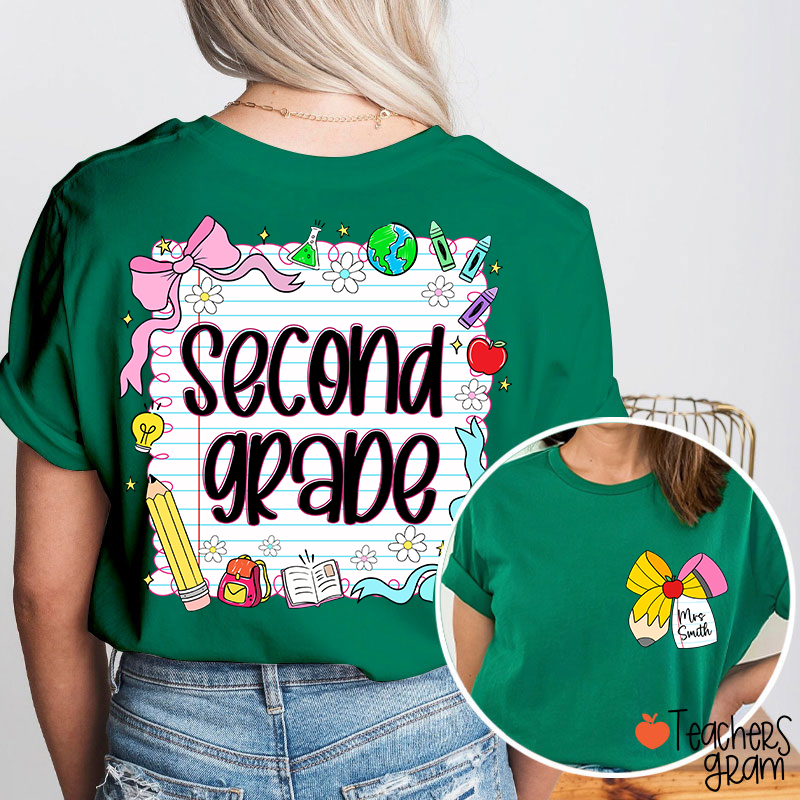 Personalized Grade And Name Pencil Bow Notebook Teacher Two Sided T-Shirt