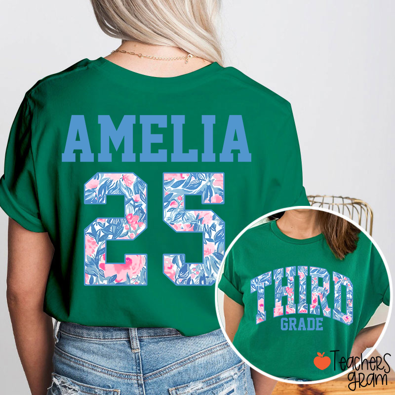 Personalized Flower And Leaf Pattern Text And Numbers Teacher Two Sided T-Shirt