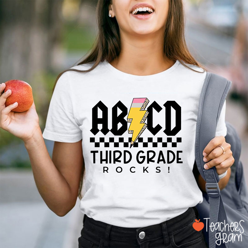 Personalized Grade Lightning Pencil Checkerboard Teacher T-Shirt