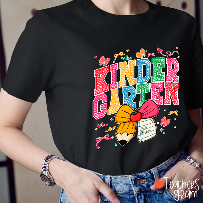Personalized Grade Name Bow Hand-Drawn Pencil Apple Teacher T-Shirt