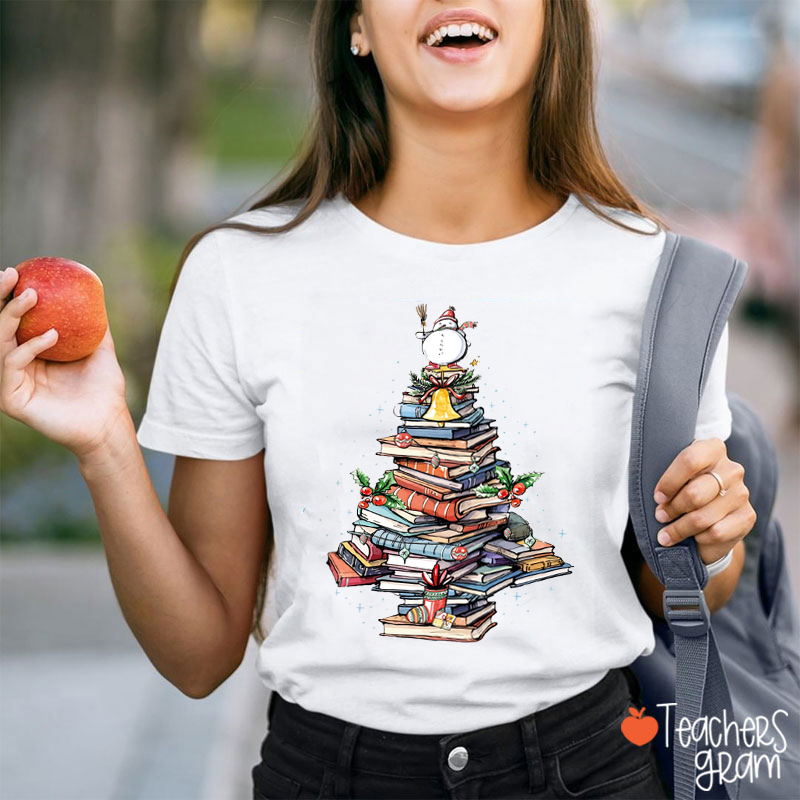 Snowman Books Christmas Tree Teacher T-Shirt