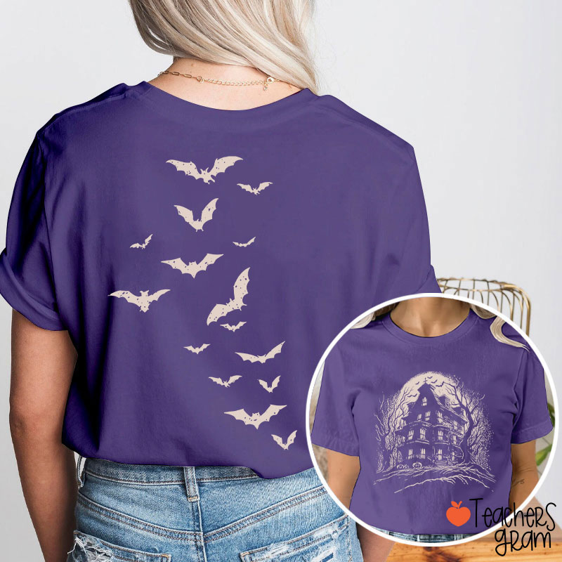 Vintage Haunted House Spooky Season Teacher Two Sided T-Shirt