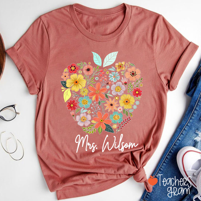 Personalized Floral Apple Name Teacher T-Shirt
