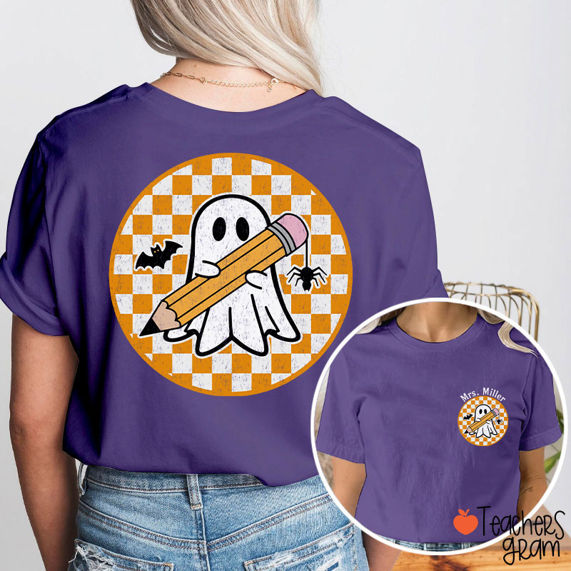 Personalized Name Circle Checkered Ghost Teacher Two Sided T-Shirt