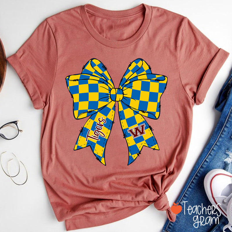 Personalized  Mascot Checkered Bow Game Day Teacher T-Shirt