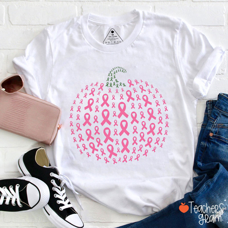 Pink Ribbon Pumpkin For Breast Cancer Teacher T-Shirt