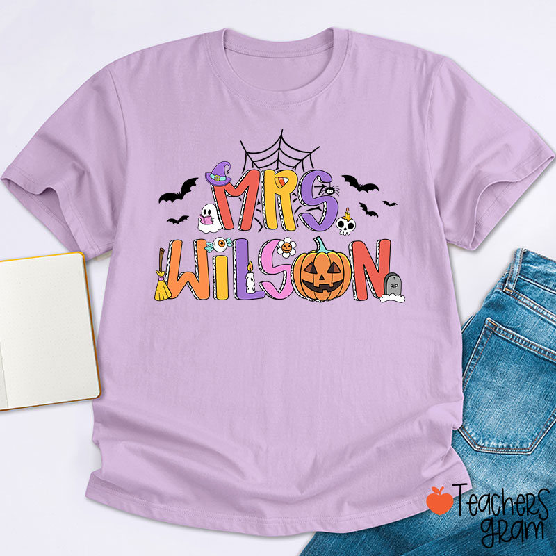 Personalized Name Spider Web Ghost Pumpkin Teacher T-Shirt