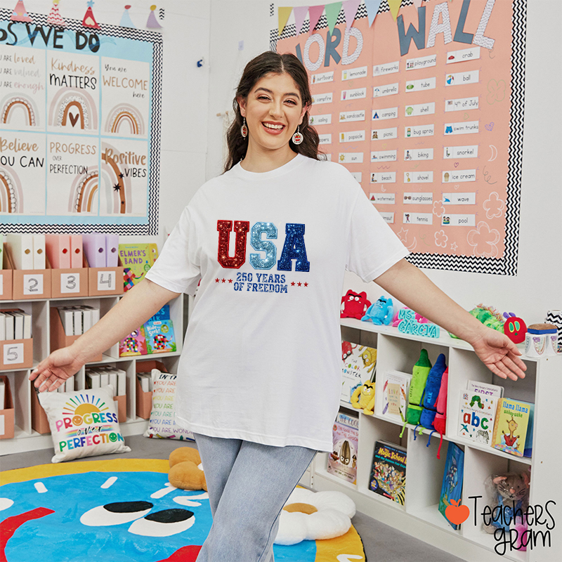 Faux Glitter USA 250 Years Of Freedom Teacher T-Shirt