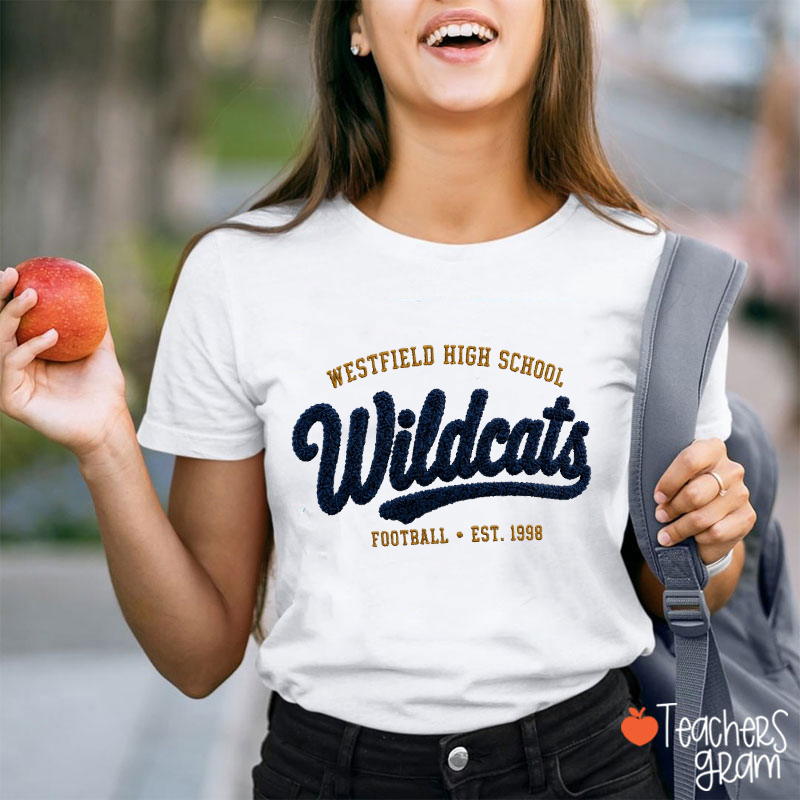 Personalized School Name Mascot Vintage Varsity Faux Yarn Teacher T‑Shirt
