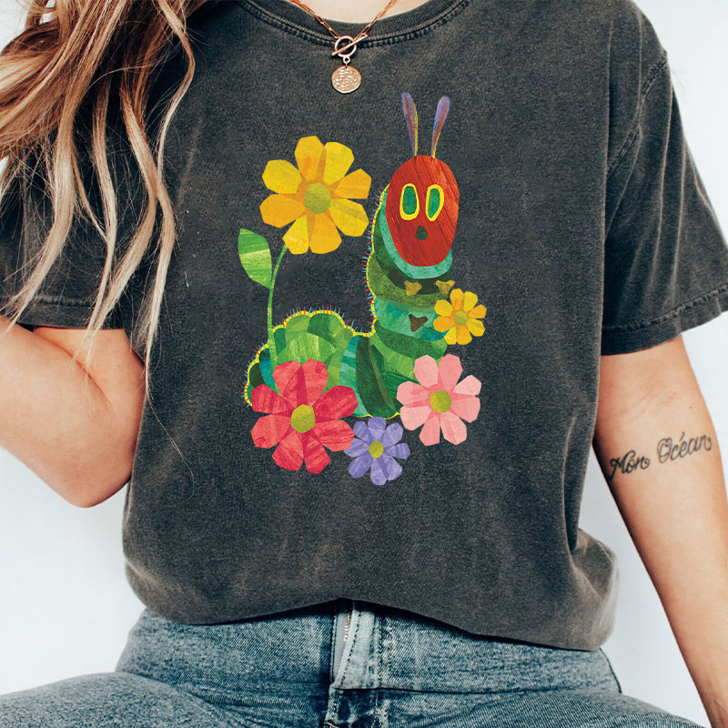 Flowers And The Very Hungry Caterpillar Teacher Washed T-Shirt