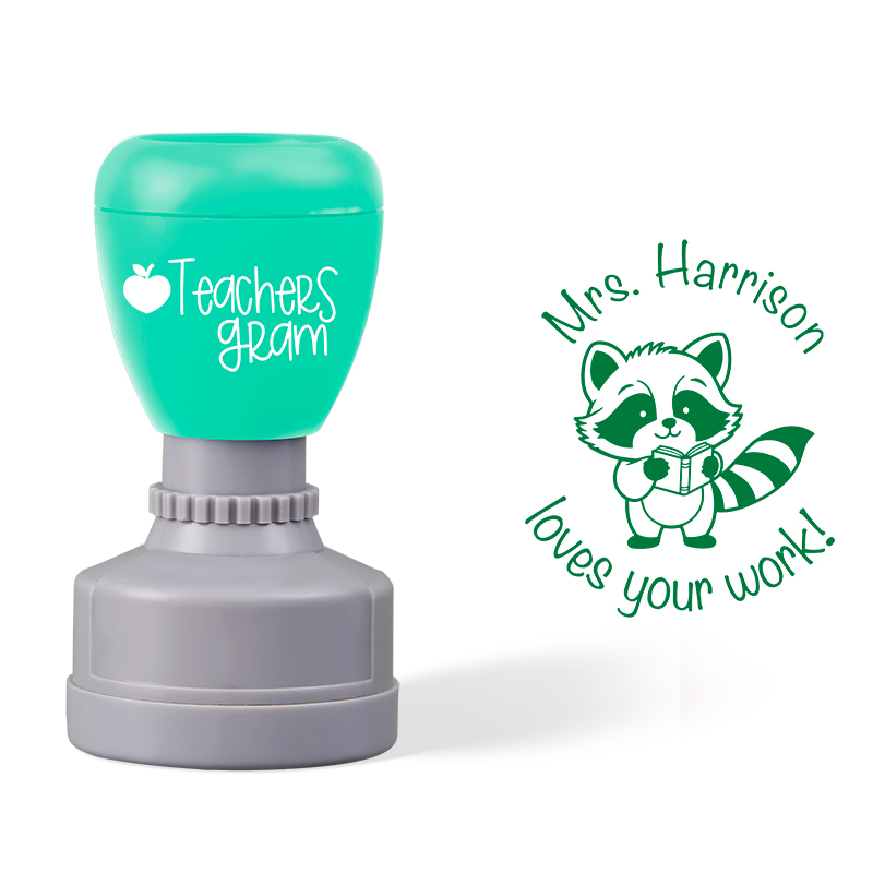 Personalized Name Loves Your Work Raccoon Teacher Stamp