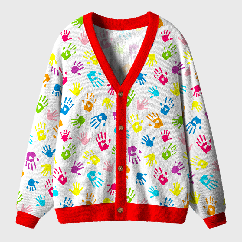 Colorful Hand Shapes Rainbow Autism Awareness Teacher Ugly Cardigan Sweaters