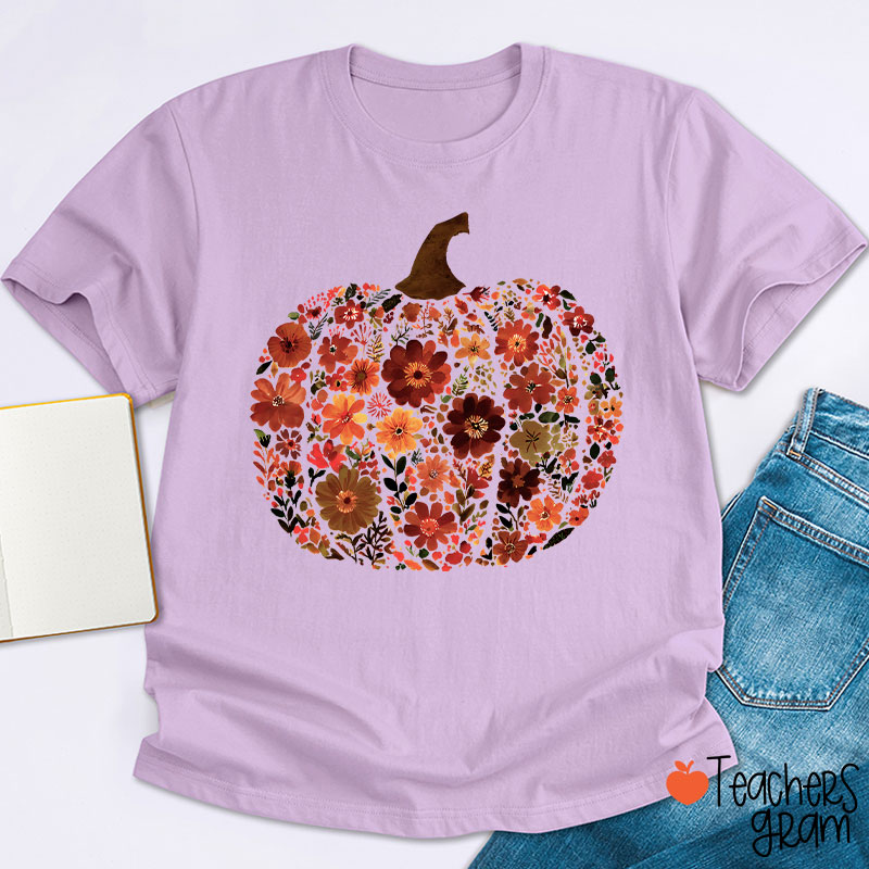 Pumpkin Orange Flowers Grass Teacher T-Shirt